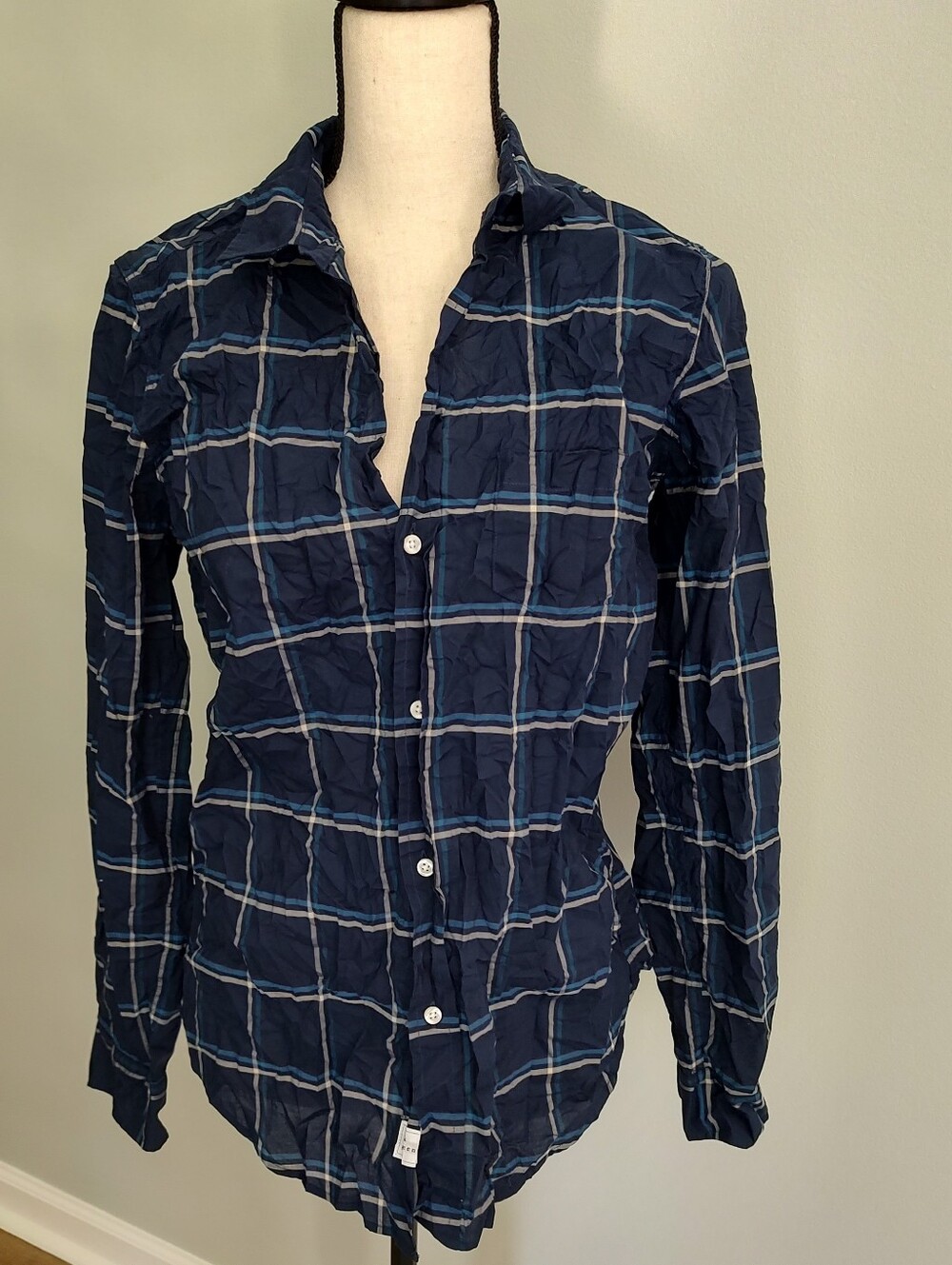 Frank & Eileen Barry Fitted Crinkle Button Front Shirt Blue Plaid Cotton Large
